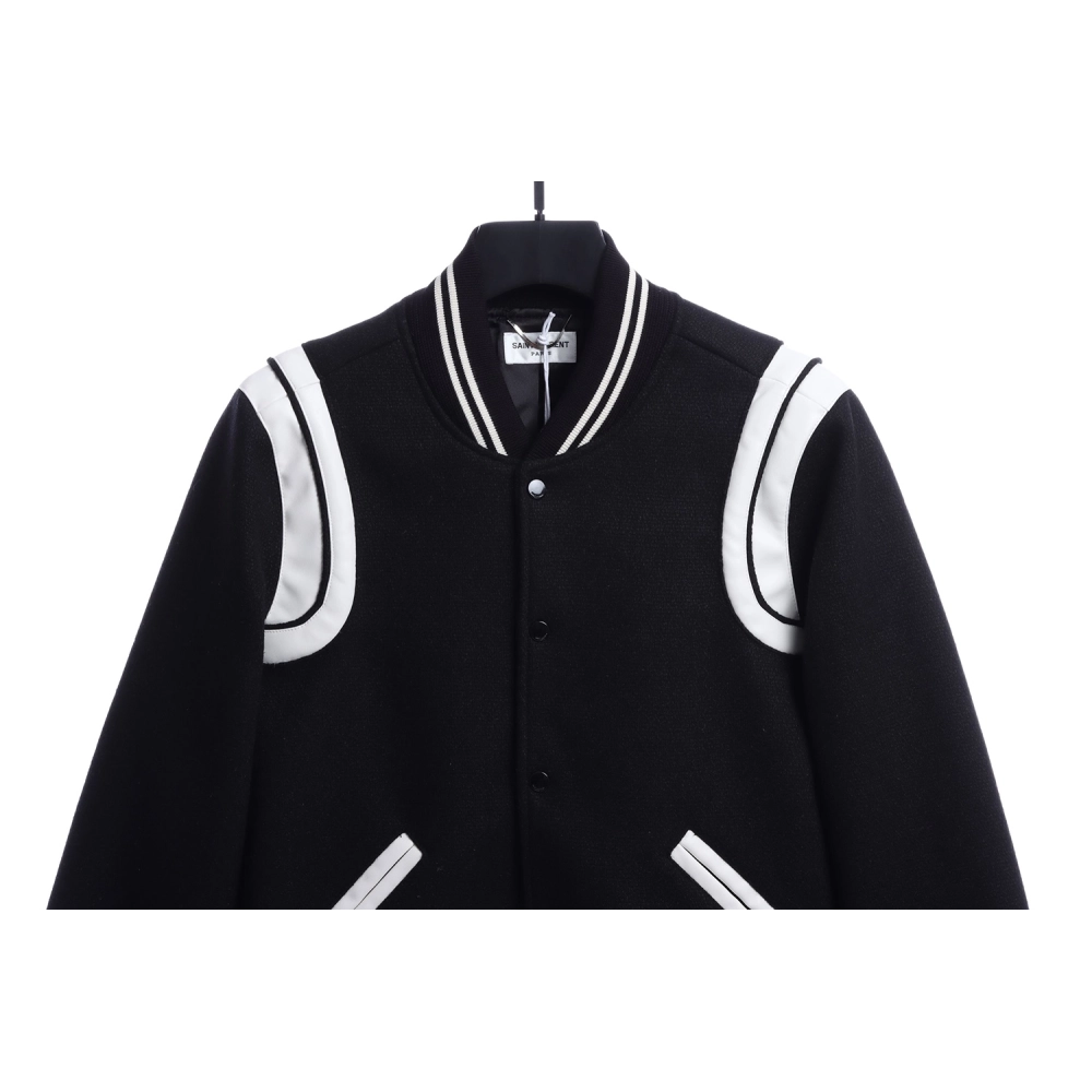 Saint Laurent Paris slp classic leather black and white baseball collar jacket,Saint Laurent Jacket,Jacket,APPAREL