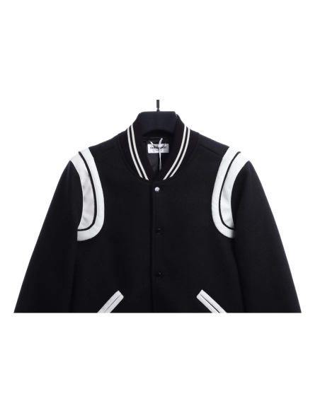 Saint Laurent Paris slp classic leather black and white baseball collar jacket,Saint Laurent Jacket,Jacket,APPAREL