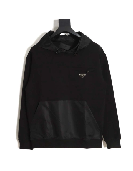 Prada 22Fw nylon patchwork triangle logo hooded sweatshirt,Prada Hoodie,Hoodie,APPAREL