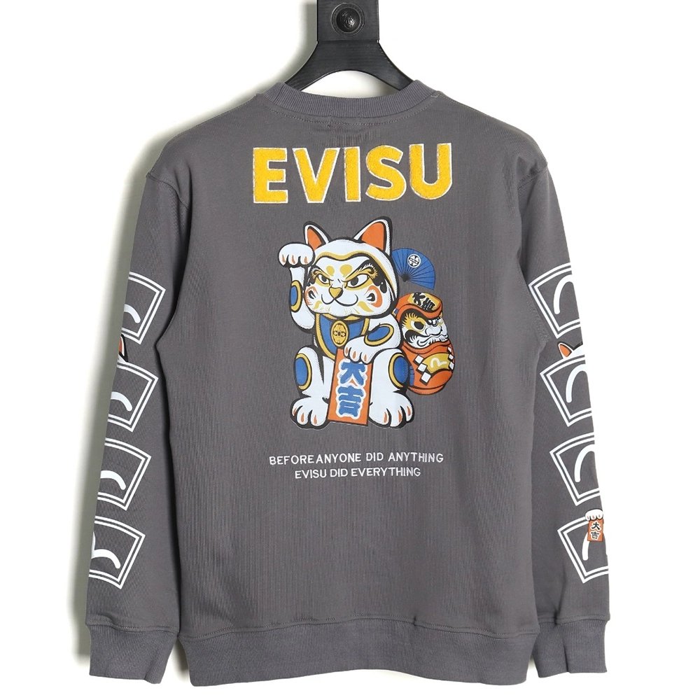 Evisu Lucky Cat and Daruma Print Sweatshirt,Evisu Sweatshirt,Sweatshirt,APPAREL
