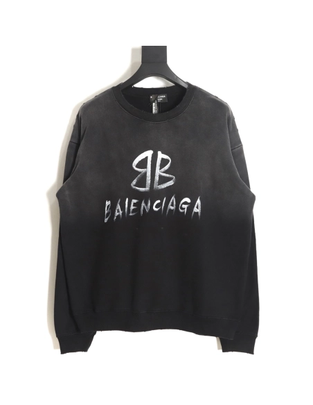 Balenciaga gradient washed destroyed handpainted cursive lettering crew neck sweatshirt,Balenciaga Sweatshirt,Sweatshirt,APPAREL