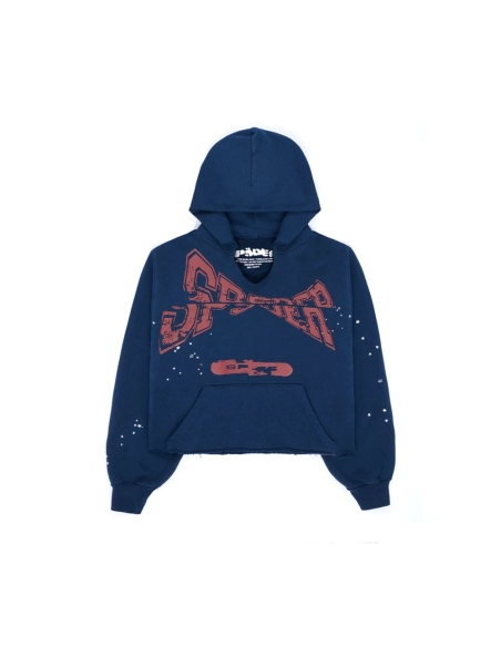 Navy Blue Cropped Sp5der Hoodie,Sp5der Hoodie,HOODIE,Clothing