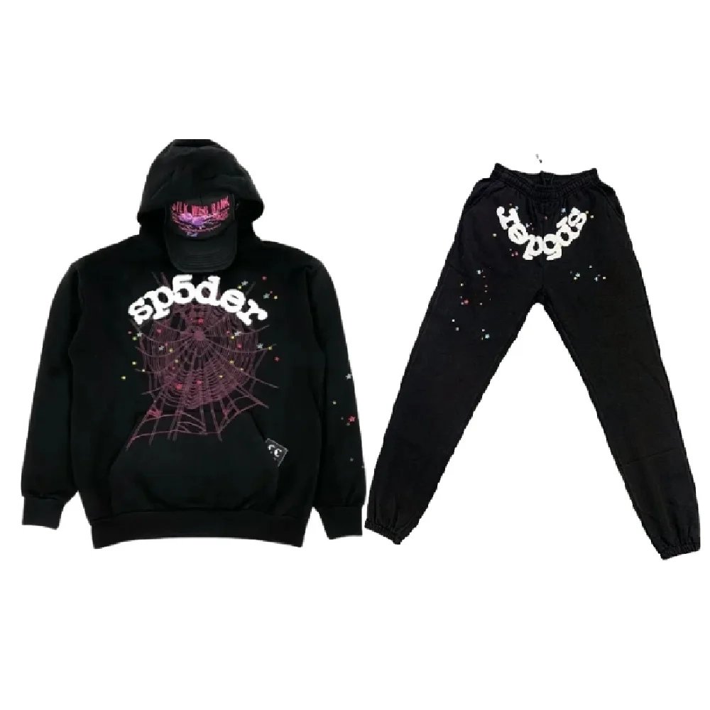 22ss Classic Flame Logo Graffiti Black Sp5der Tracksuit,Sp5der Tracksuit,SUIT,Clothing
