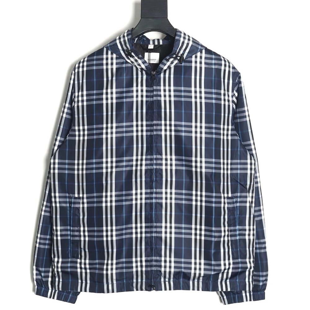 Burberry Blue and White Check Hooded Jacket,Cheap Replica Reps Burberry