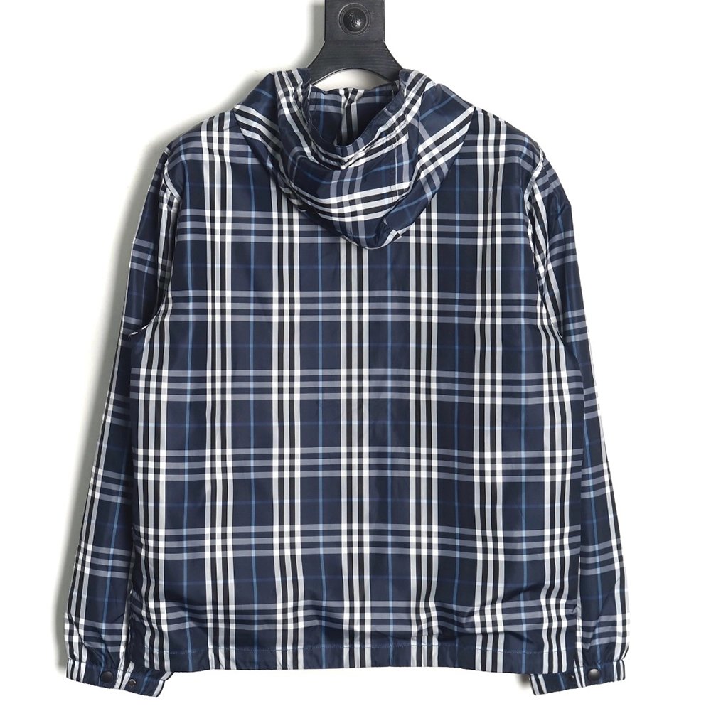 Burberry Blue and White Check Hooded Jacket,Cheap Replica Reps Burberry