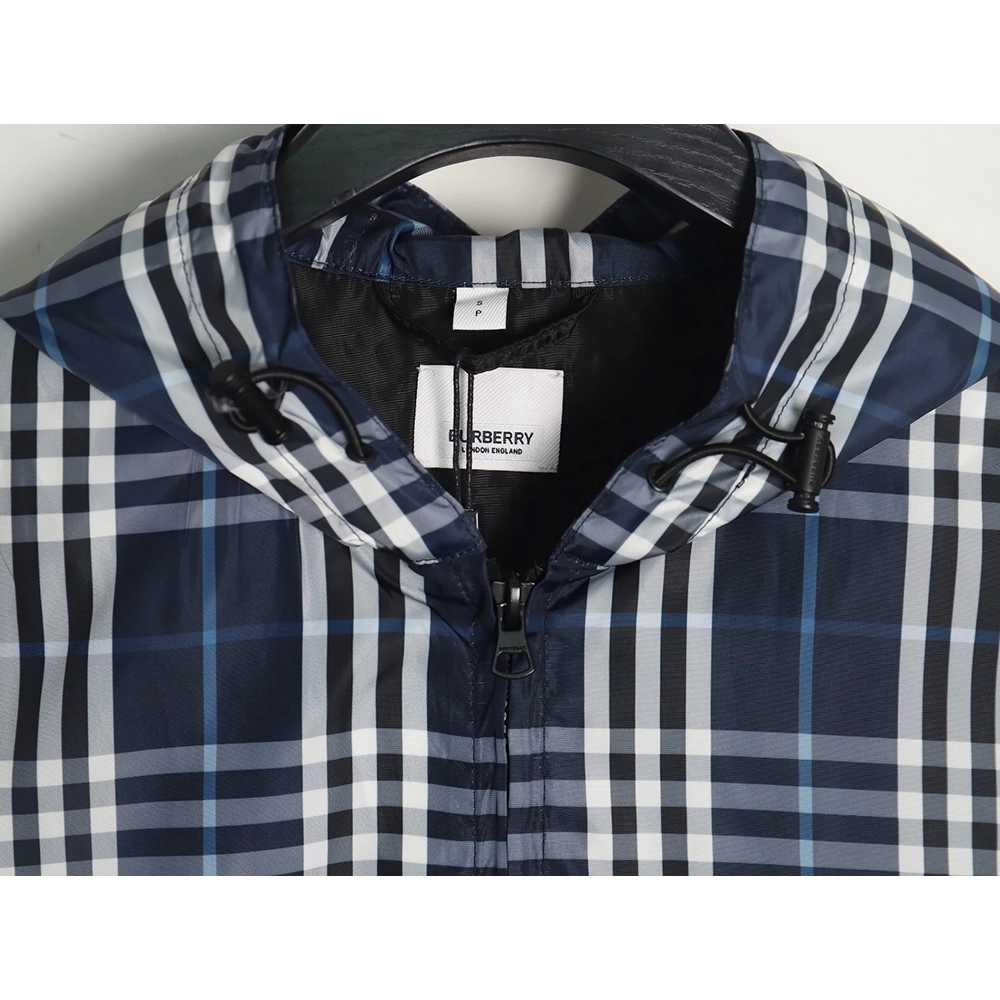 Burberry Blue and White Check Hooded Jacket,Cheap Replica Reps Burberry