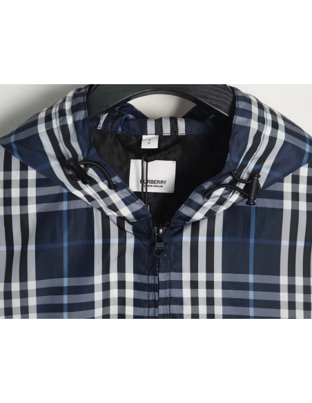 Burberry Blue and White Check Hooded Jacket,Cheap Replica Reps Burberry