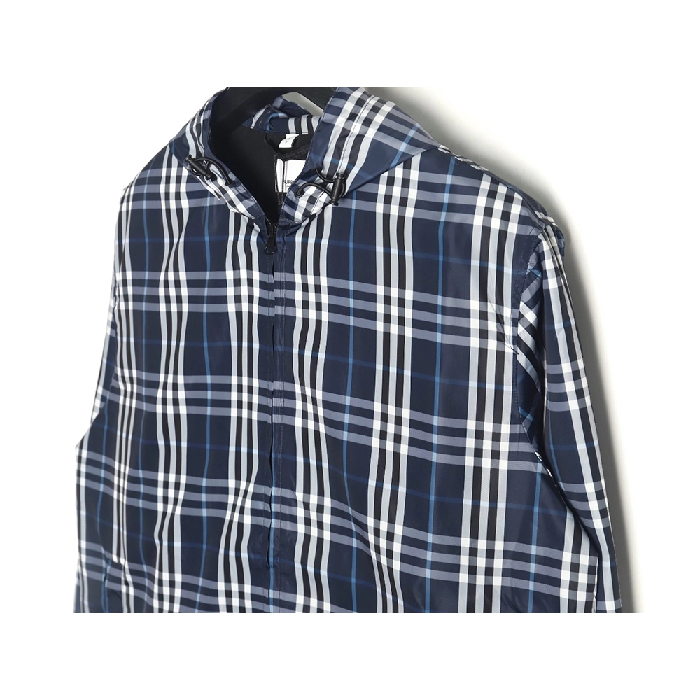 Burberry Blue and White Check Hooded Jacket,Cheap Replica Reps Burberry