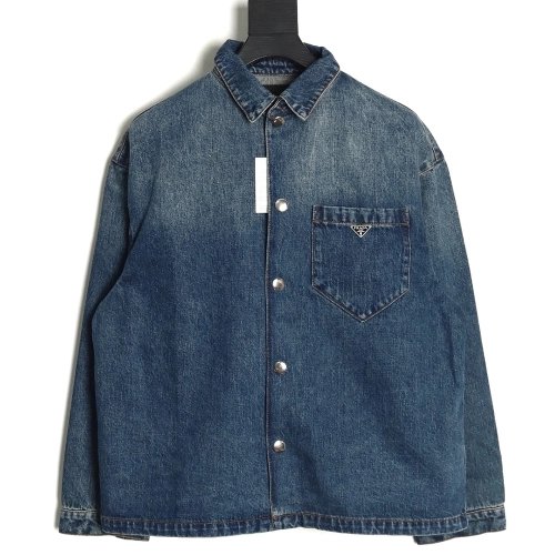 Prada pocket triangle logo denim shirt jacket,Cheap Replica Reps Prada