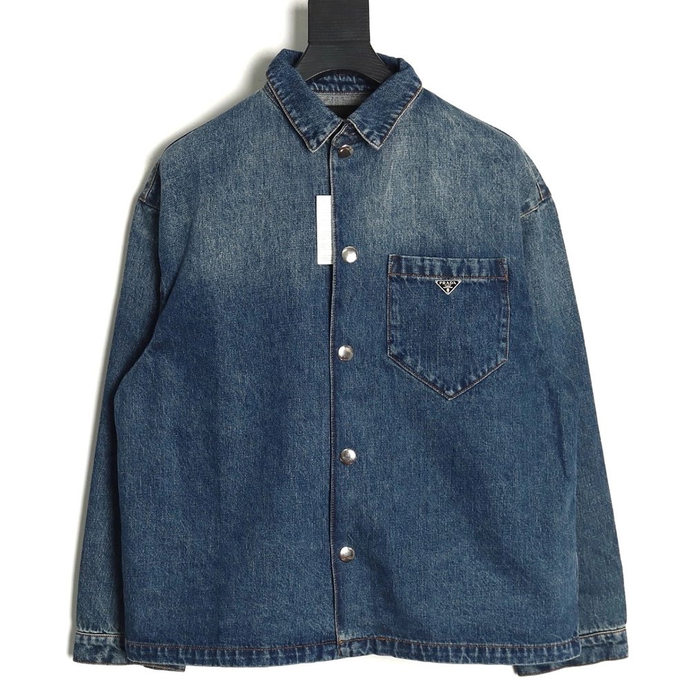 Prada pocket triangle logo denim shirt jacket,Cheap Replica Reps Prada