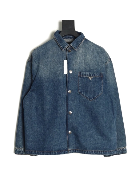 Prada pocket triangle logo denim shirt jacket,Cheap Replica Reps Prada