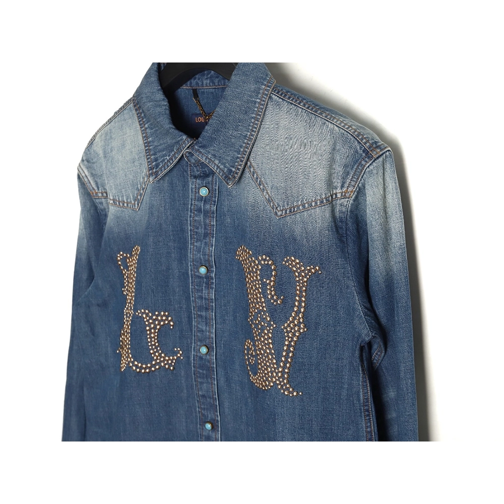 Louis Vuitton Rivet Lettering Denim Shirt Jacket,Cheap Replica Reps Louis Vuitton