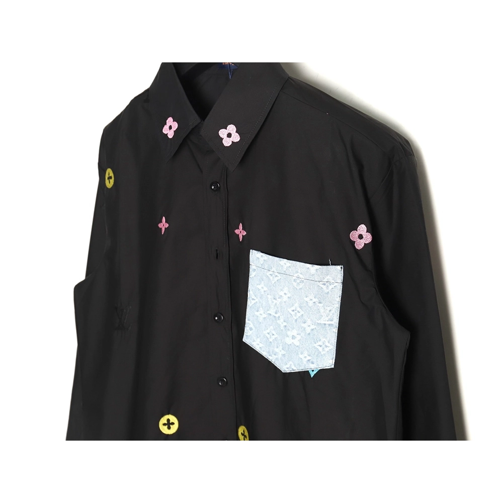 Louis Vuitton Colorful Monogram Embroidered Denim Pocket Shirt TSK1,Cheap Replica Reps Louis Vuitton