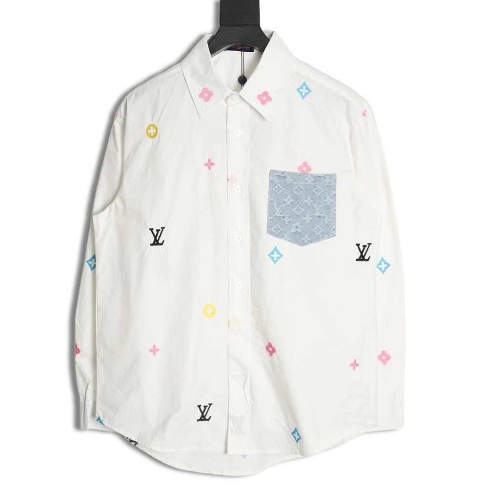 Louis Vuitton Colorful Monogram Embroidered Denim Pocket Shirt,Cheap Replica Reps Louis Vuitton