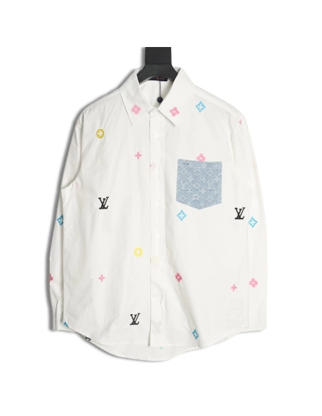 Louis Vuitton Colorful Monogram Embroidered Denim Pocket Shirt,Cheap Replica Reps Louis Vuitton