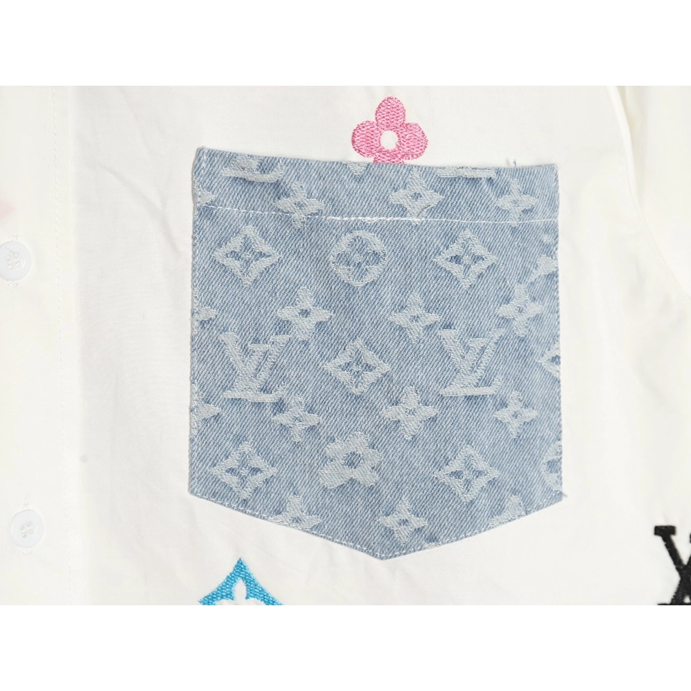Louis Vuitton Colorful Monogram Embroidered Denim Pocket Shirt,Cheap Replica Reps Louis Vuitton