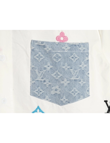 Louis Vuitton Colorful Monogram Embroidered Denim Pocket Shirt,Cheap Replica Reps Louis Vuitton