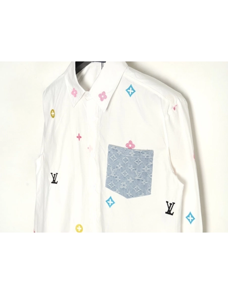 Louis Vuitton Colorful Monogram Embroidered Denim Pocket Shirt,Cheap Replica Reps Louis Vuitton
