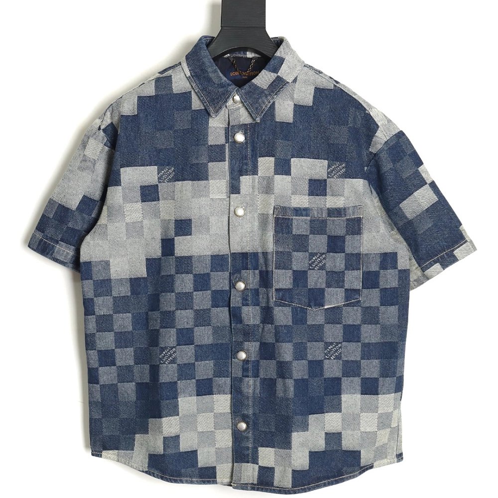 Louis Vuitton Blurred Checkerboard Denim Short Sleeve Jacket SXL,Cheap Replica Reps Louis Vuitton