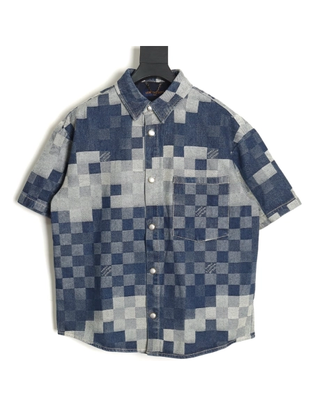 Louis Vuitton Blurred Checkerboard Denim Short Sleeve Jacket SXL,Cheap Replica Reps Louis Vuitton