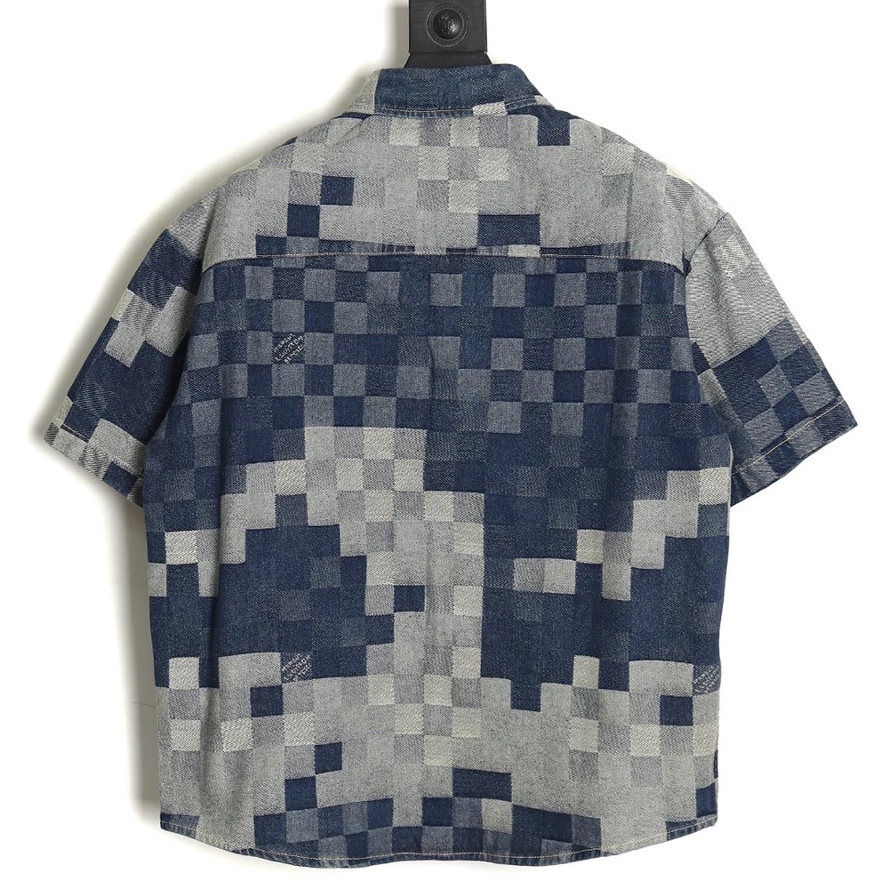 Louis Vuitton Blurred Checkerboard Denim Short Sleeve Jacket SXL,Cheap Replica Reps Louis Vuitton