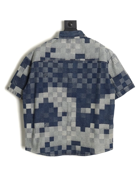 Louis Vuitton Blurred Checkerboard Denim Short Sleeve Jacket SXL,Cheap Replica Reps Louis Vuitton