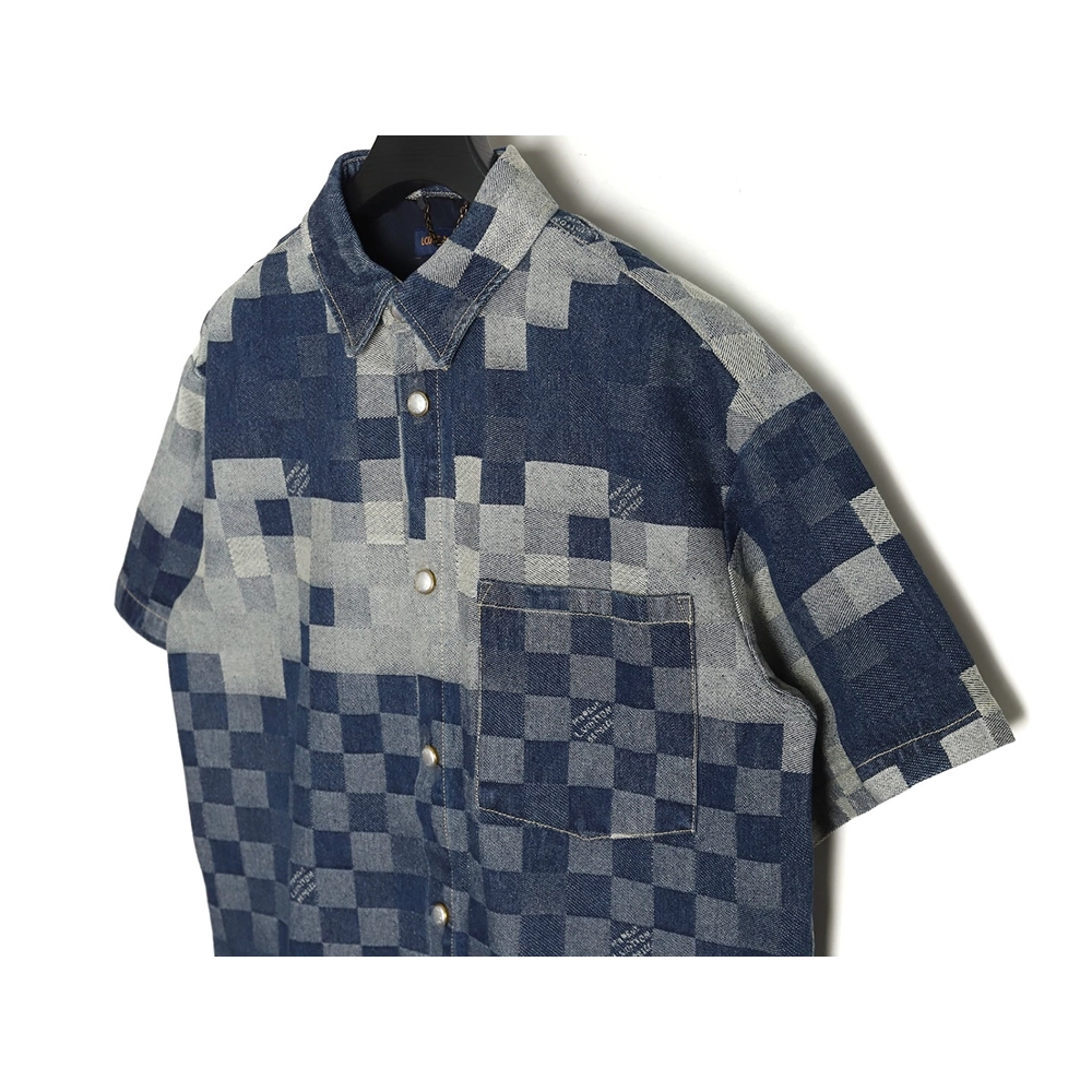 Louis Vuitton Blurred Checkerboard Denim Short Sleeve Jacket SXL,Cheap Replica Reps Louis Vuitton