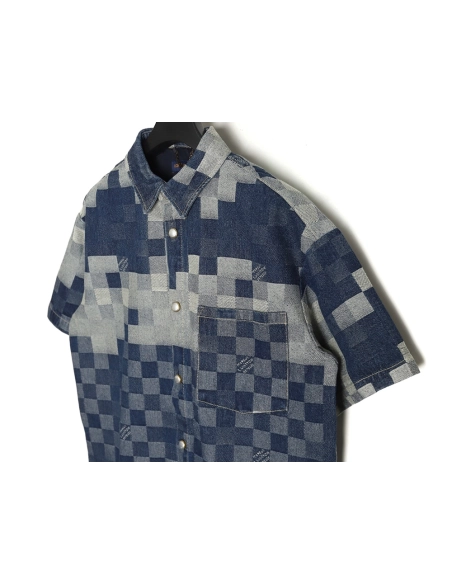 Louis Vuitton Blurred Checkerboard Denim Short Sleeve Jacket SXL,Cheap Replica Reps Louis Vuitton