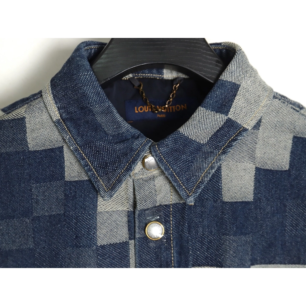 Louis Vuitton Blurred Checkerboard Denim Short Sleeve Jacket SXL,Cheap Replica Reps Louis Vuitton