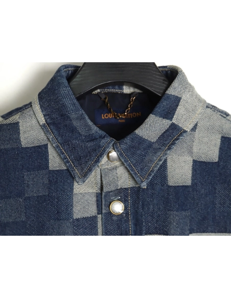 Louis Vuitton Blurred Checkerboard Denim Short Sleeve Jacket SXL,Cheap Replica Reps Louis Vuitton
