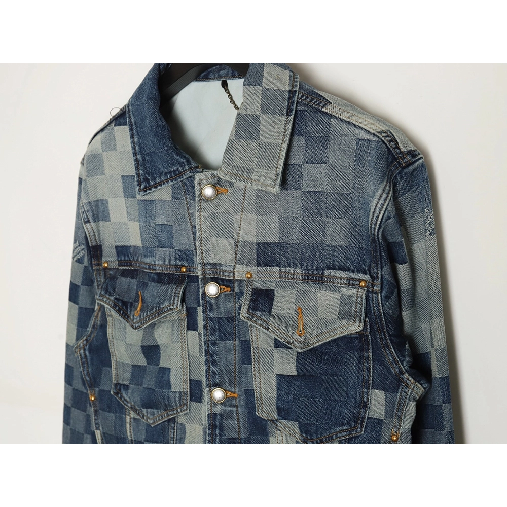 Louis Vuitton Mosaic Checkerboard Denim Jacket SXL,Cheap Replica Reps Louis Vuitton