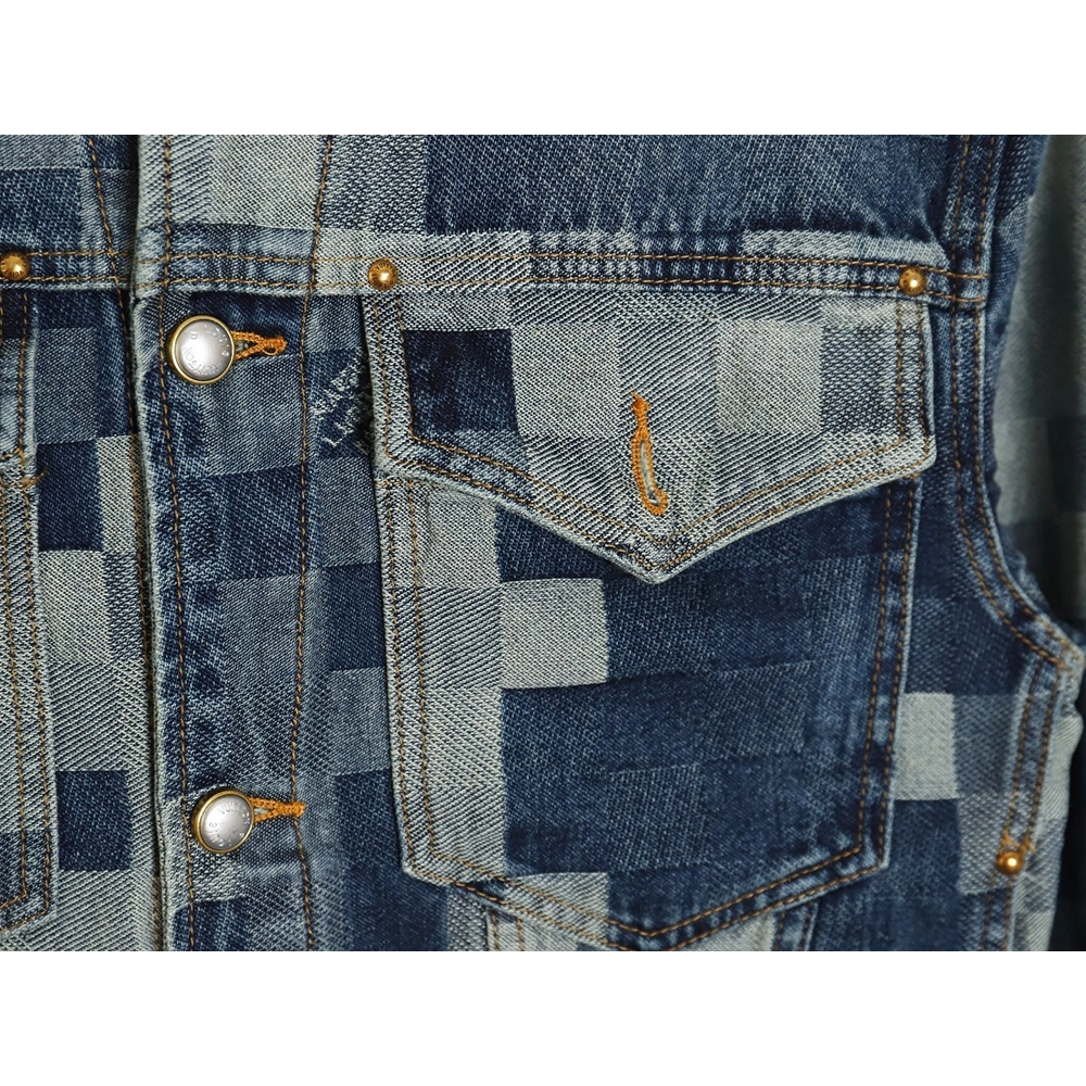 Louis Vuitton Mosaic Checkerboard Denim Jacket SXL,Cheap Replica Reps Louis Vuitton