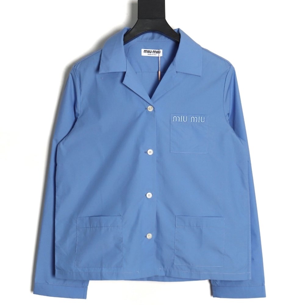Miu Miu Pocket Lettering Embroidered Poplin Shirt TSK1,Cheap Replica Reps Miu Miu
