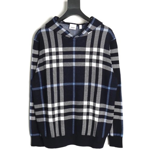 Burberry Blue Large Check Knit Hoodie,Cheap Replica Reps Burberry