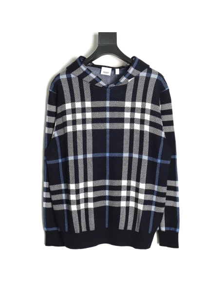 Burberry Blue Large Check Knit Hoodie,Cheap Replica Reps Burberry