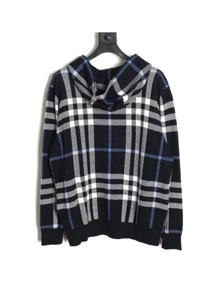 Burberry Blue Large Check Knit Hoodie,Cheap Replica Reps Burberry