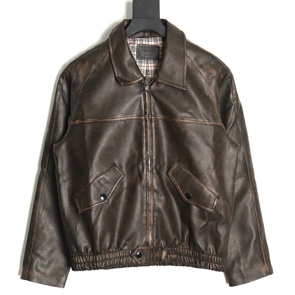 Prada distressed leather jacket with triangle logo on back,Cheap Replica Reps Prada