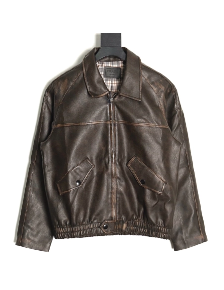 Prada distressed leather jacket with triangle logo on back,Cheap Replica Reps Prada
