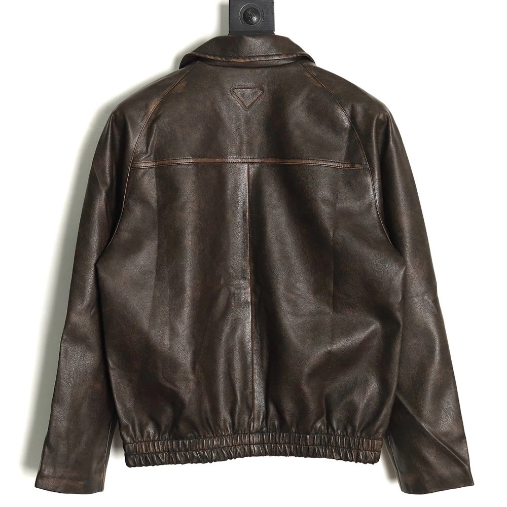 Prada distressed leather jacket with triangle logo on back,Cheap Replica Reps Prada