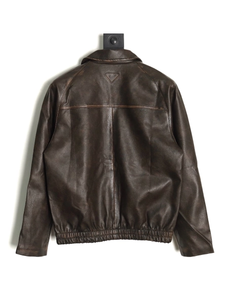 Prada distressed leather jacket with triangle logo on back,Cheap Replica Reps Prada