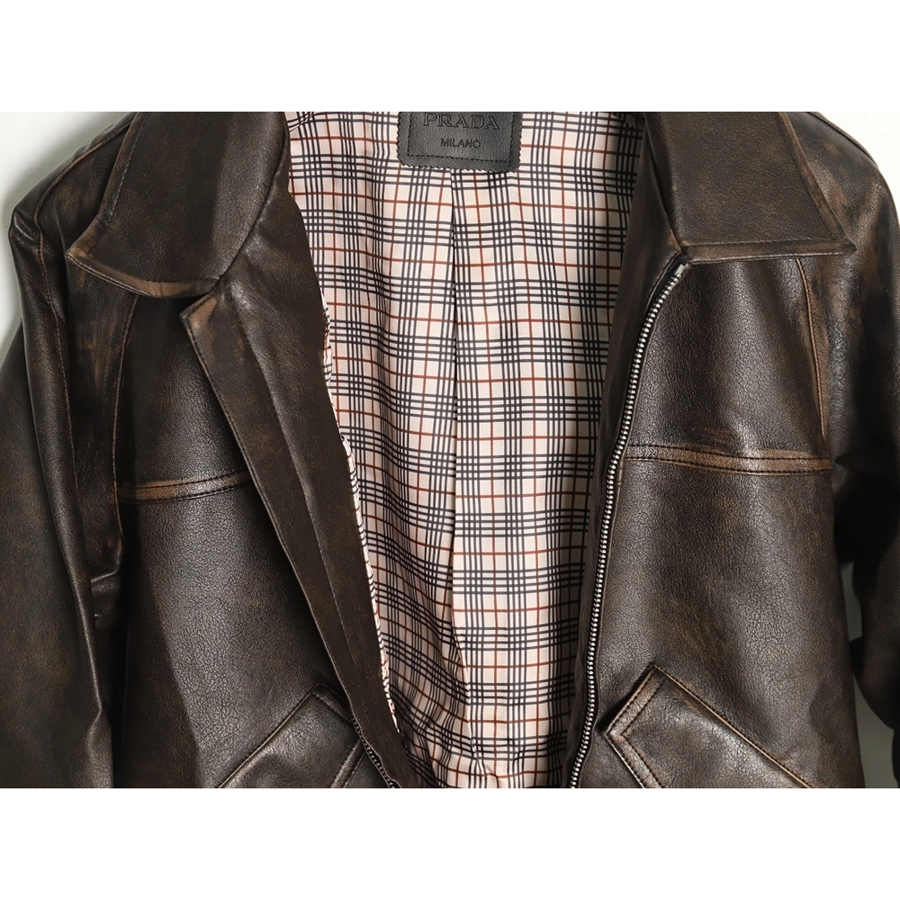 Prada distressed leather jacket with triangle logo on back,Cheap Replica Reps Prada