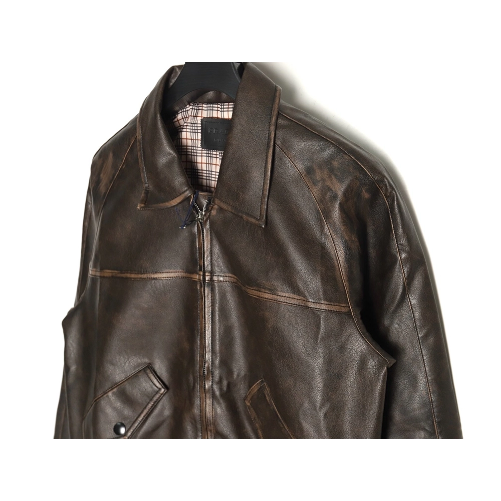 Prada distressed leather jacket with triangle logo on back,Cheap Replica Reps Prada