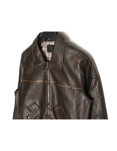 Prada distressed leather jacket with triangle logo on back,Cheap Replica Reps Prada