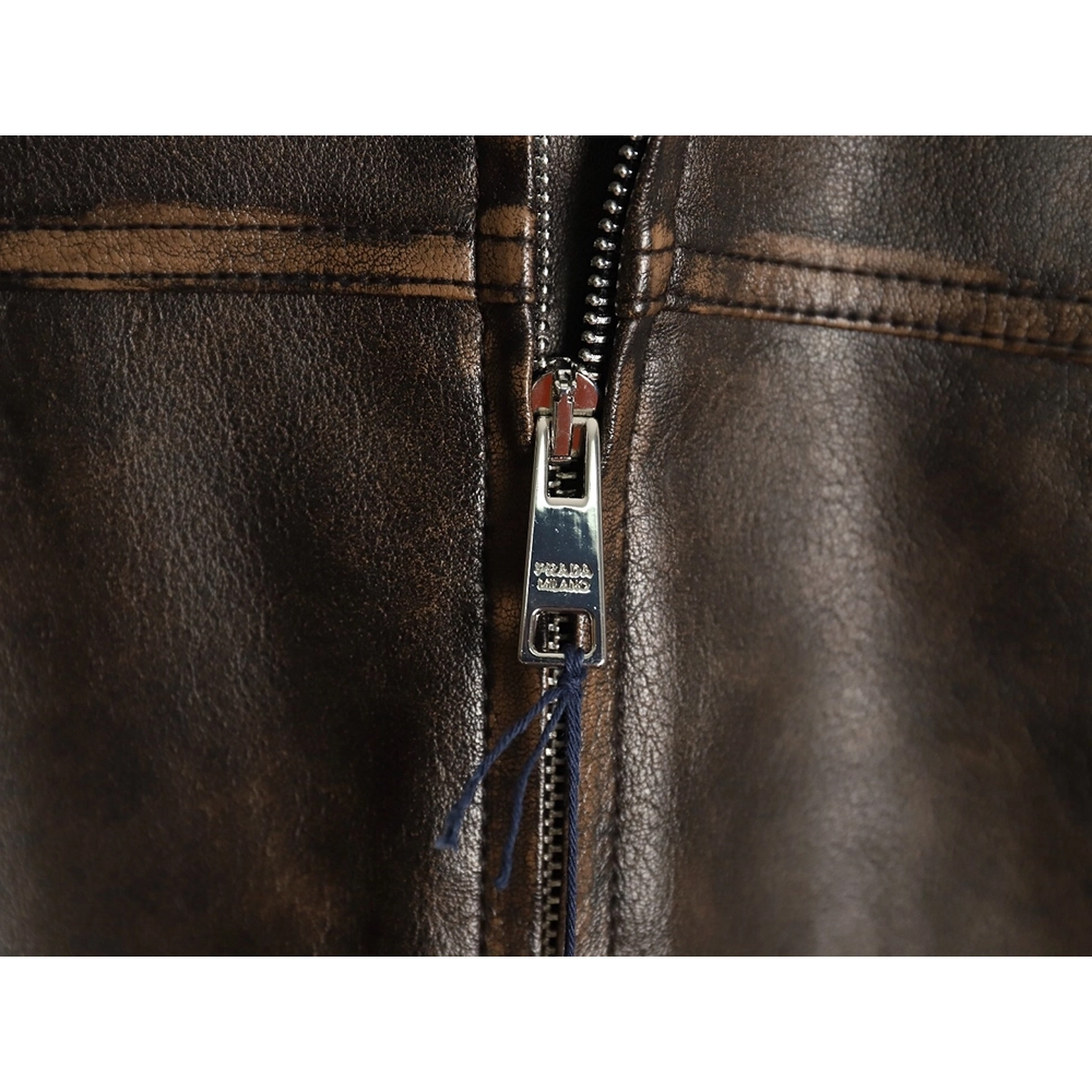 Prada distressed leather jacket with triangle logo on back,Cheap Replica Reps Prada