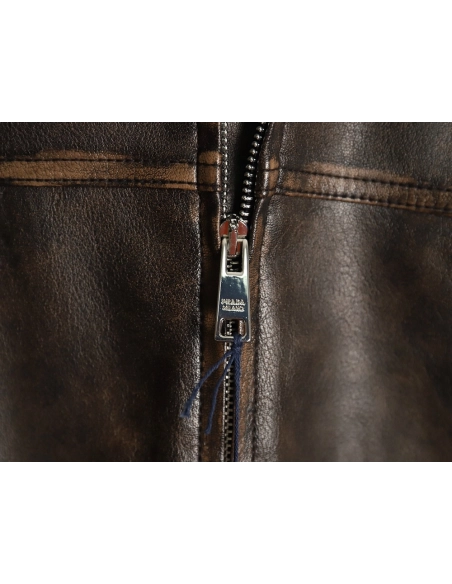 Prada distressed leather jacket with triangle logo on back,Cheap Replica Reps Prada