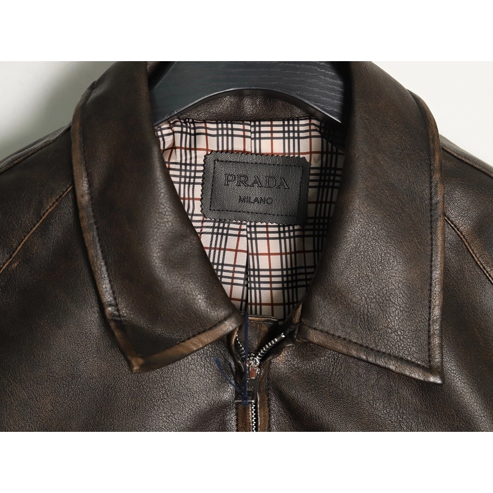 Prada distressed leather jacket with triangle logo on back,Cheap Replica Reps Prada