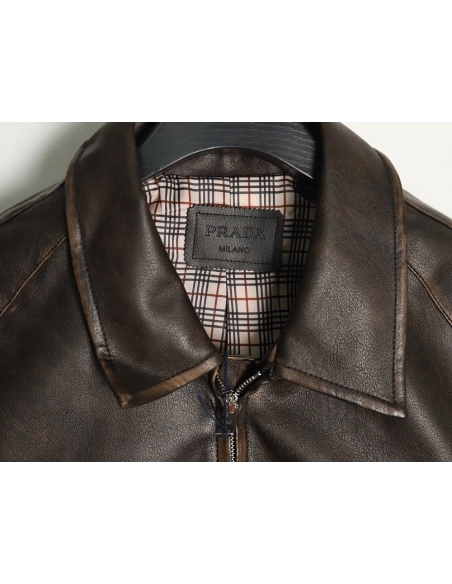 Prada distressed leather jacket with triangle logo on back,Cheap Replica Reps Prada