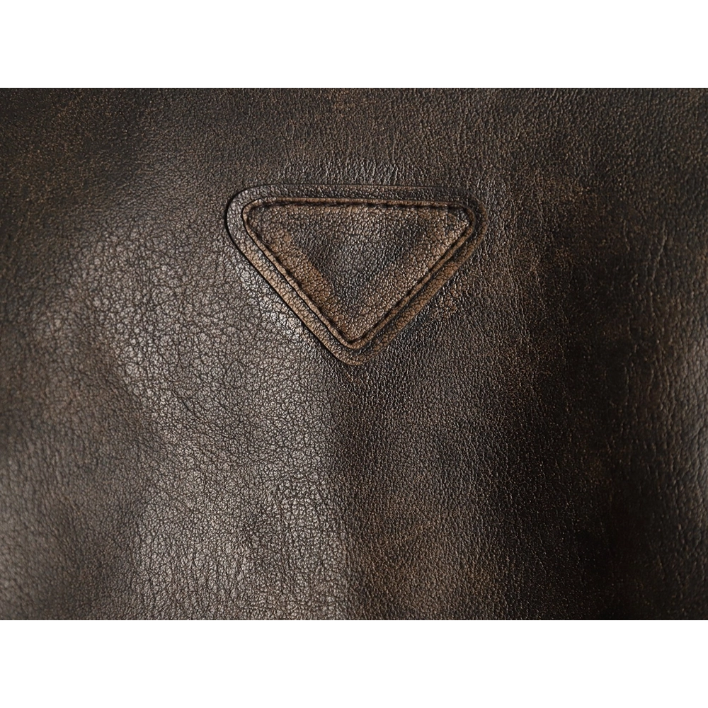 Prada distressed leather jacket with triangle logo on back,Cheap Replica Reps Prada