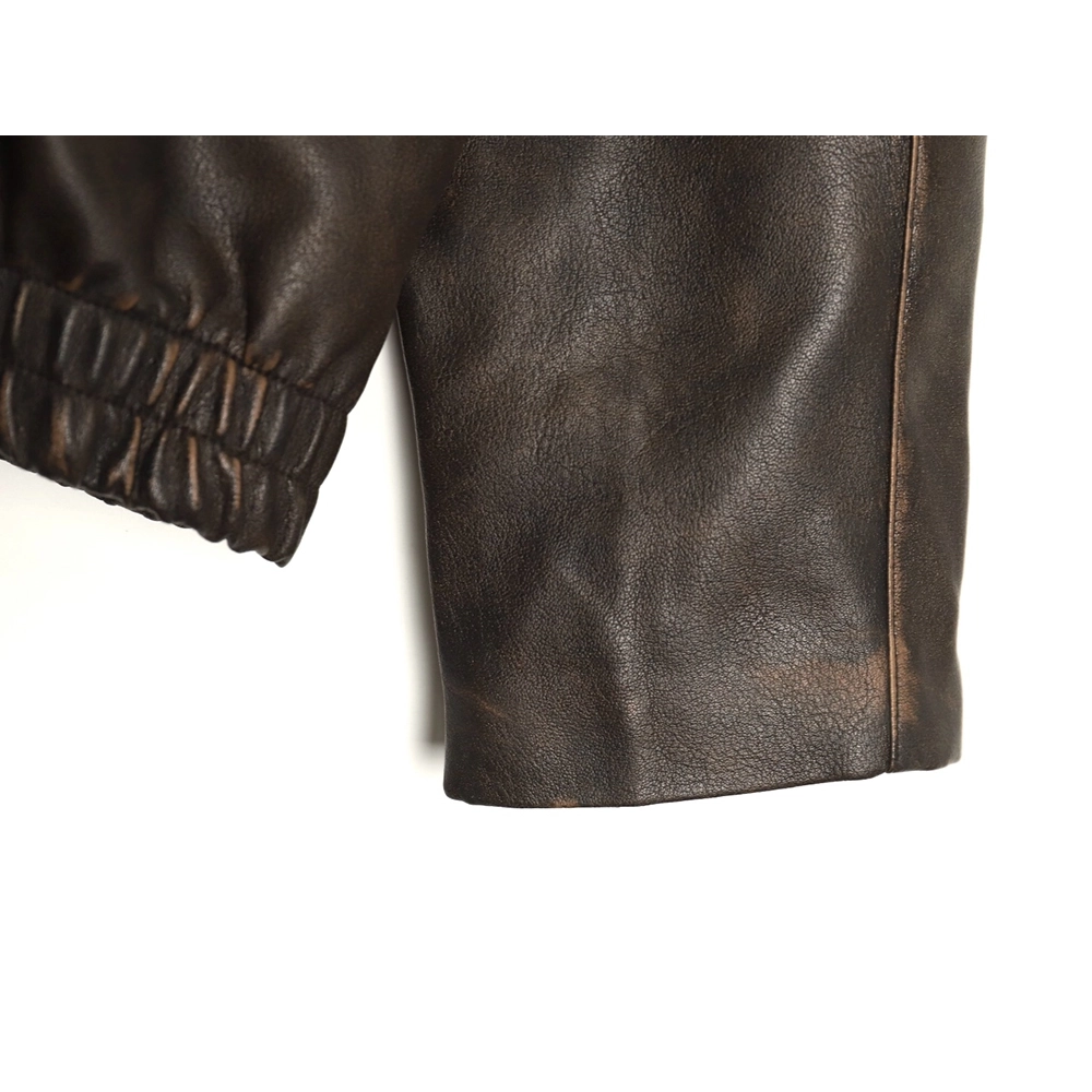 Prada distressed leather jacket with triangle logo on back,Cheap Replica Reps Prada