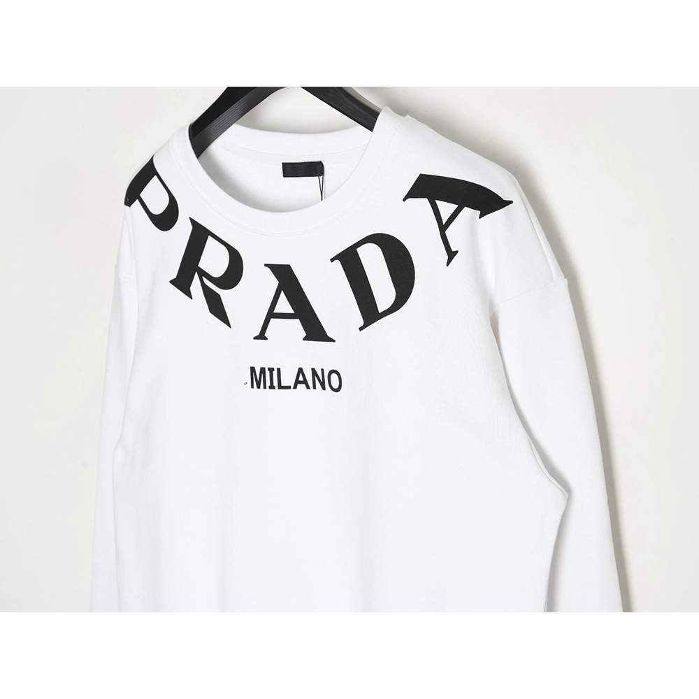 Prada Cotton Crew Neck Sweatshirt with Large Logo Print on Collar,Cheap Replica Reps Prada